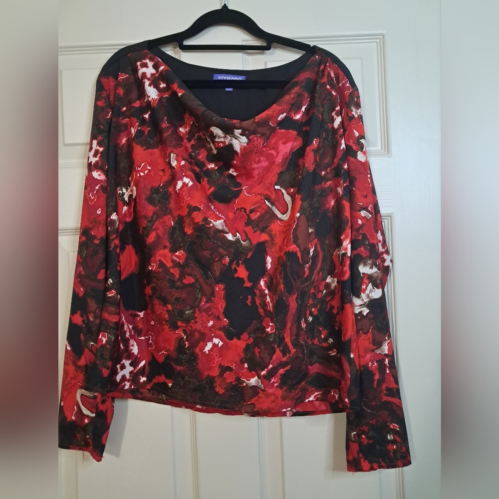 EUC Vivienne Tam Sz 8 Red & Black Top Blouse Scoop Neck Vintage Shirt